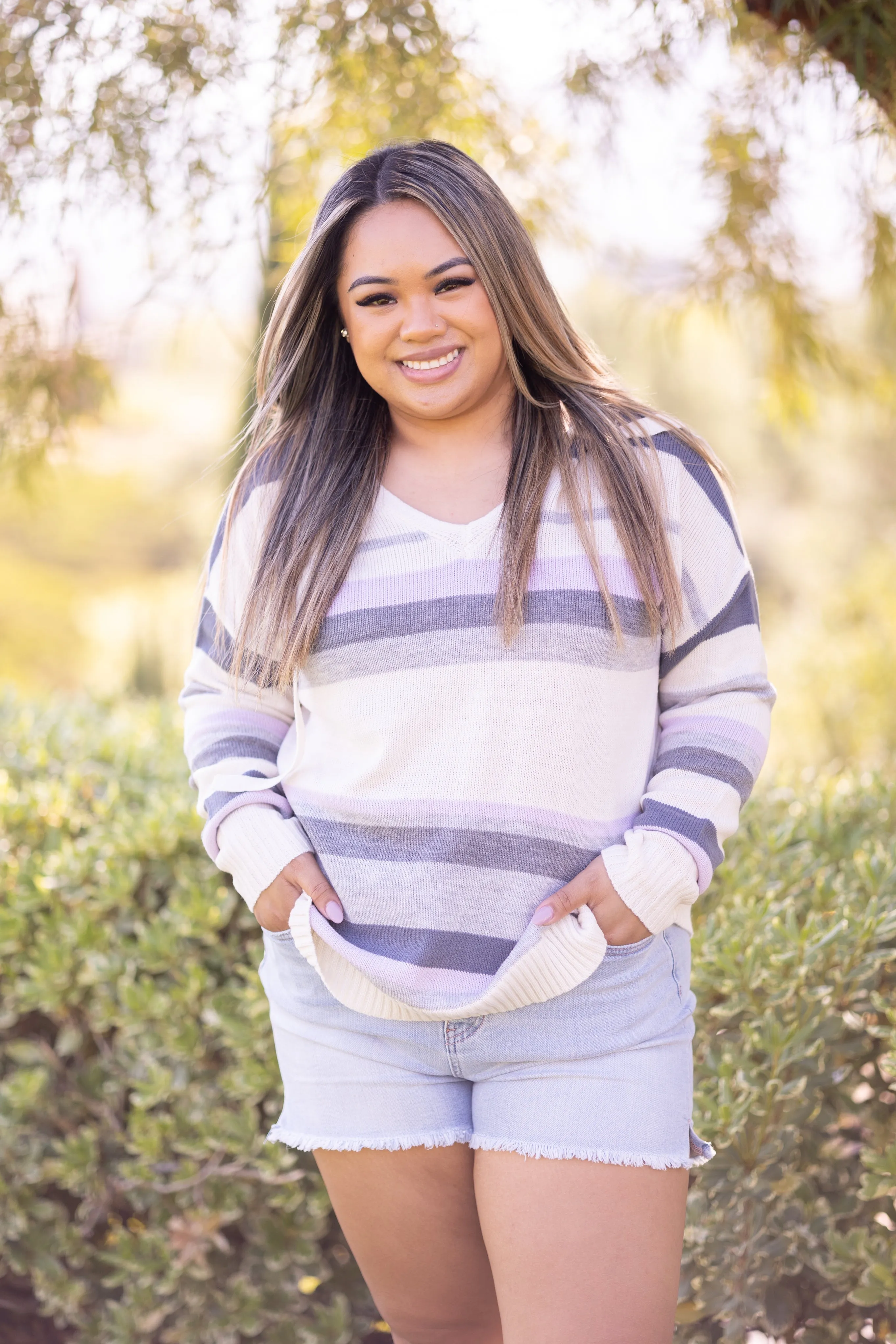 Sweet Lavender Striped Spring Sweater with Hood