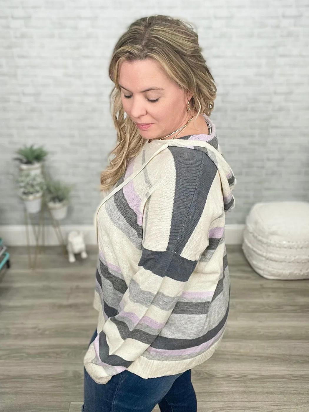 Sweet Lavender Striped Spring Sweater with Hood