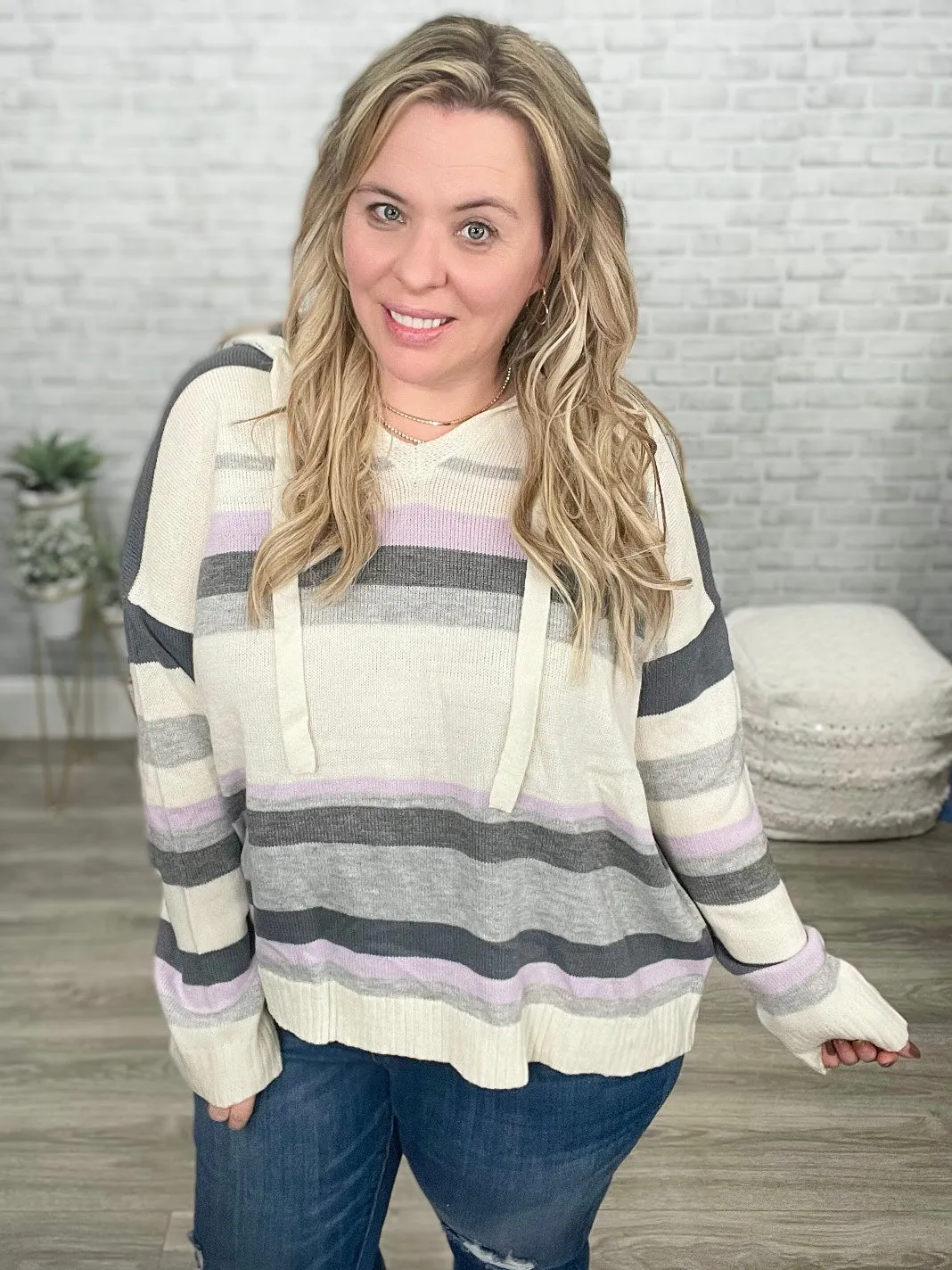 Sweet Lavender Striped Spring Sweater with Hood