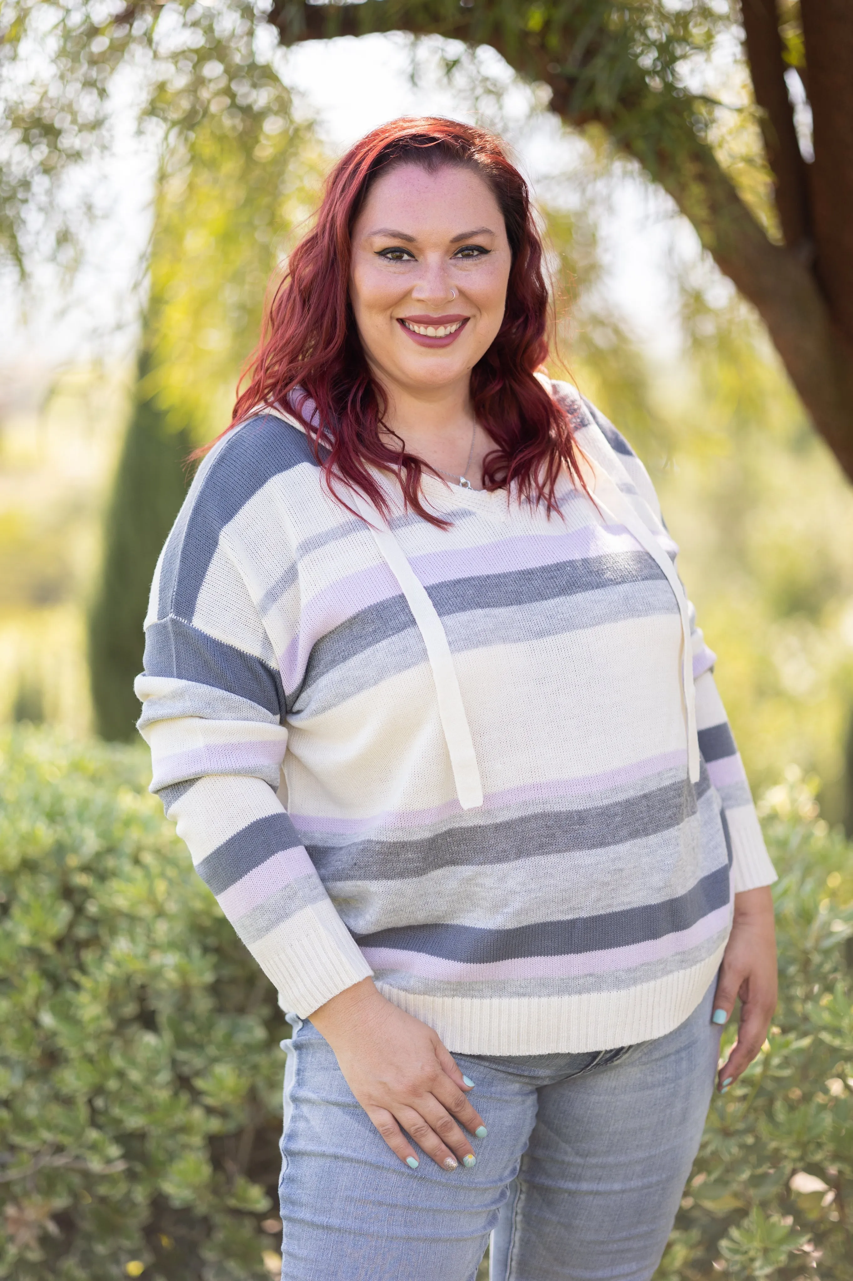 Sweet Lavender Striped Spring Sweater with Hood