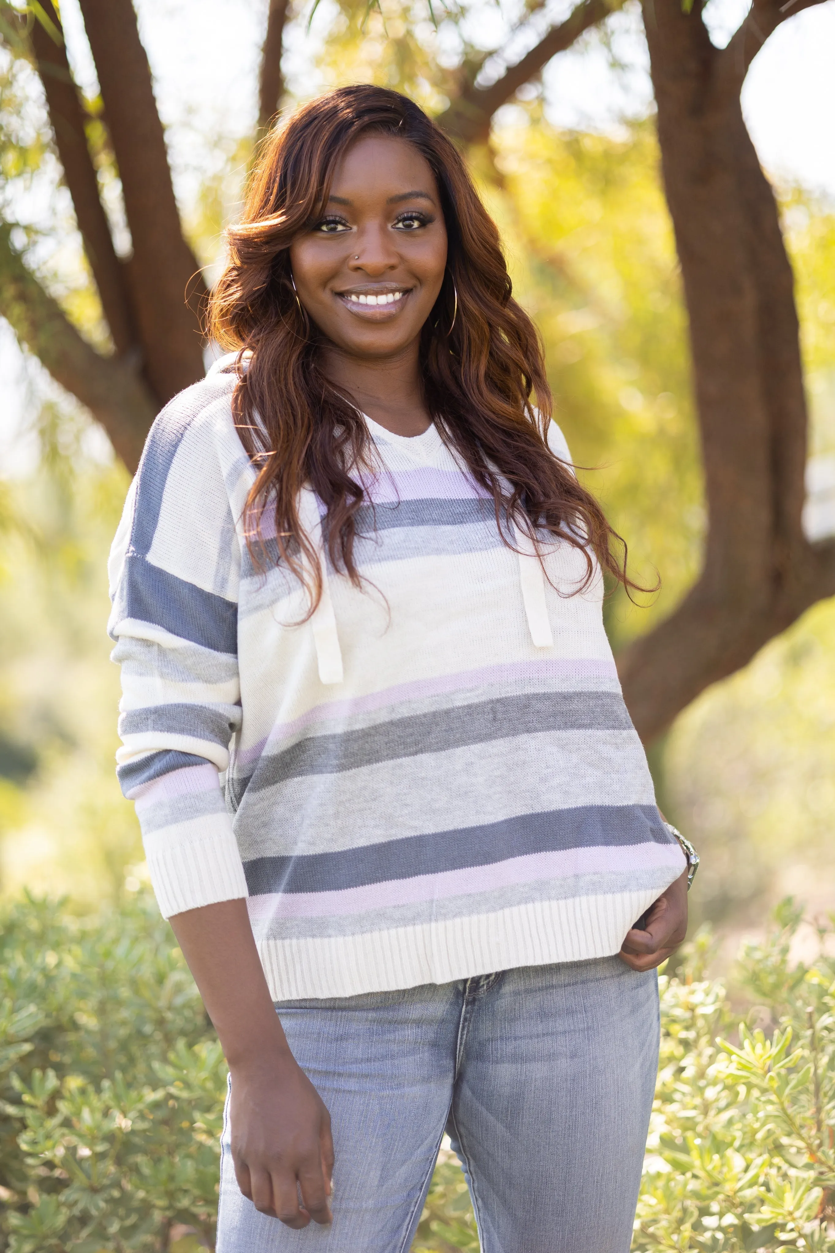 Sweet Lavender Striped Spring Sweater with Hood