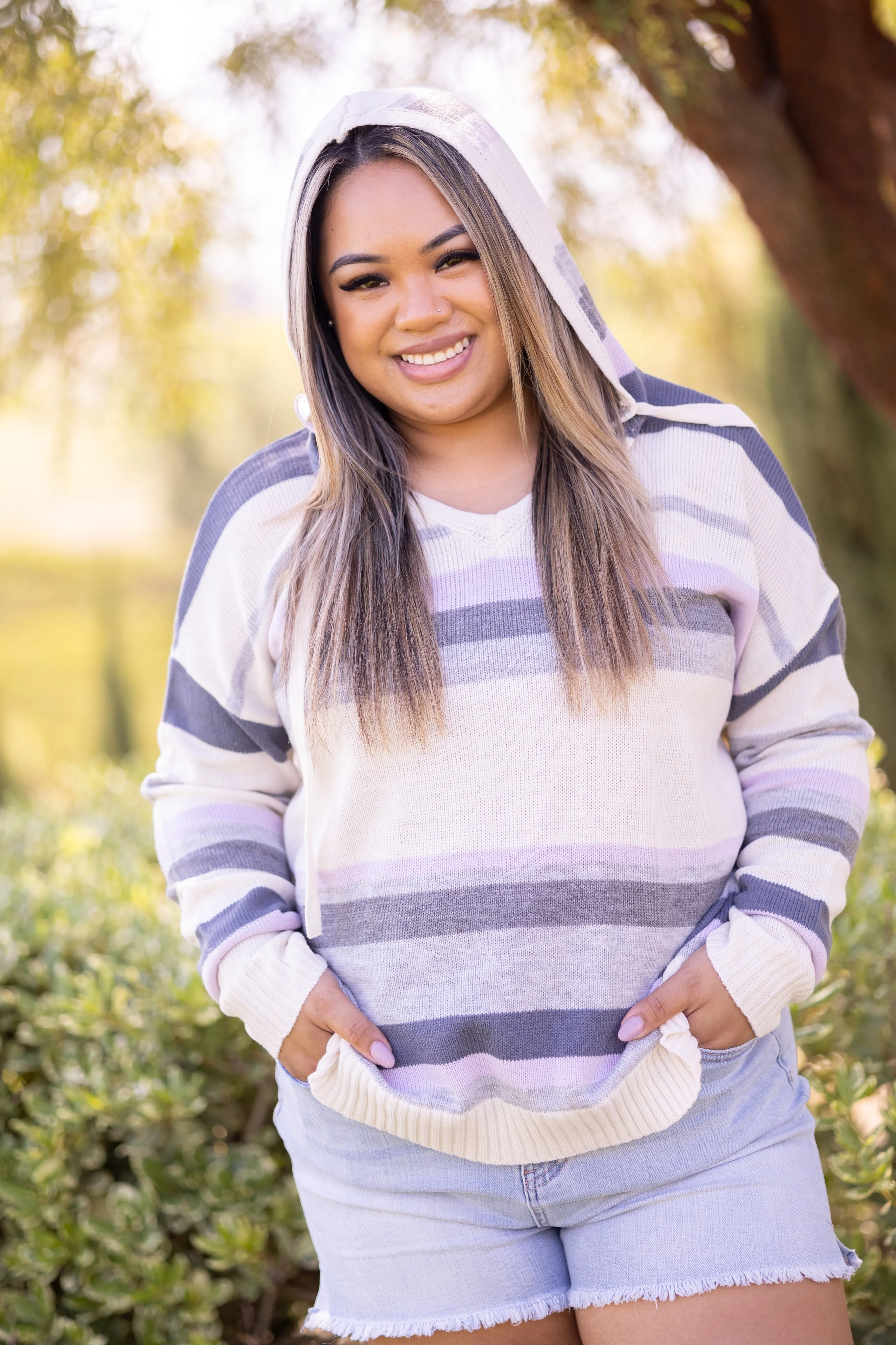 Sweet Lavender Striped Spring Sweater with Hood