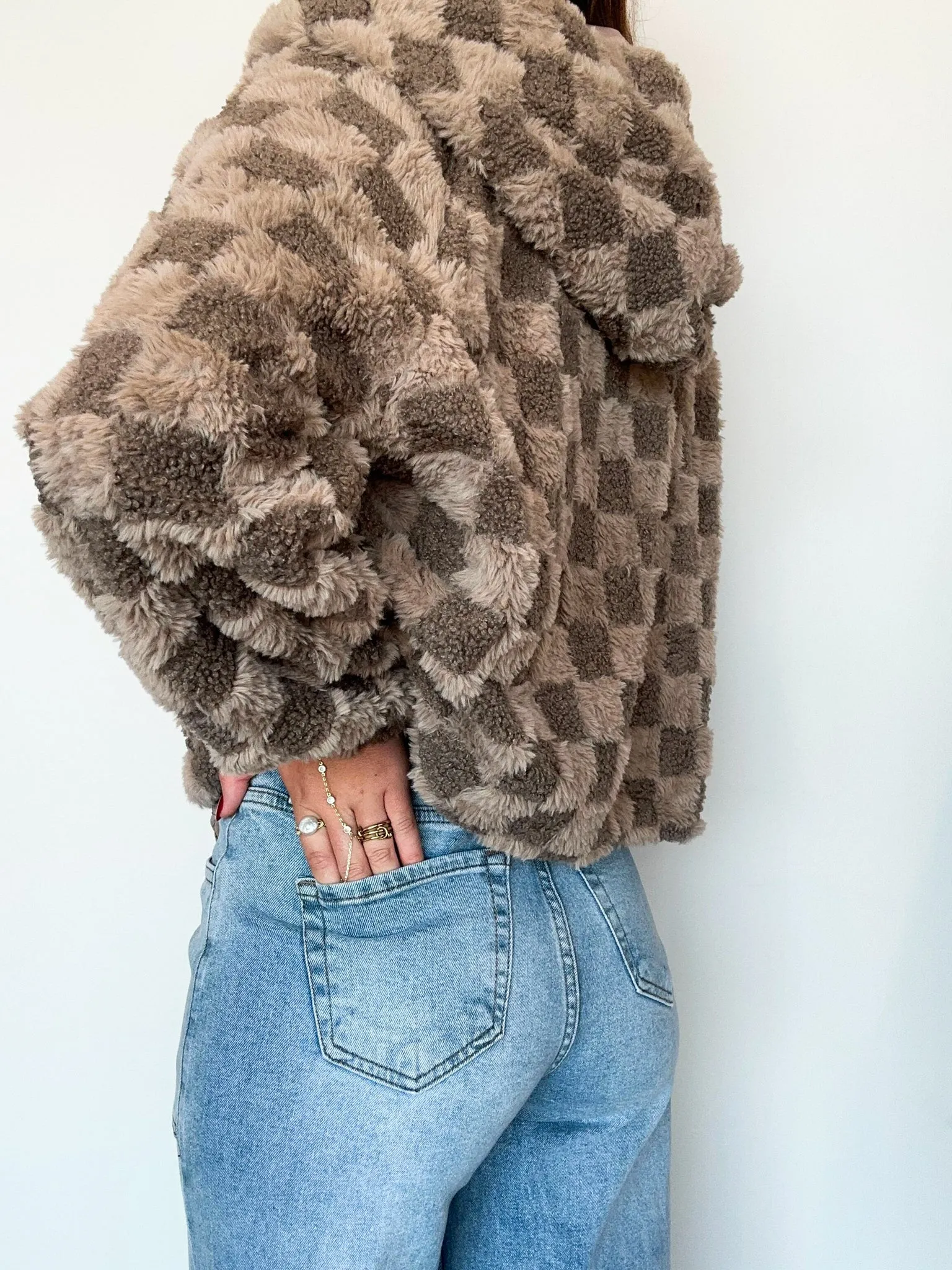 Teddy Checkered Fur Hoodie- Mocha