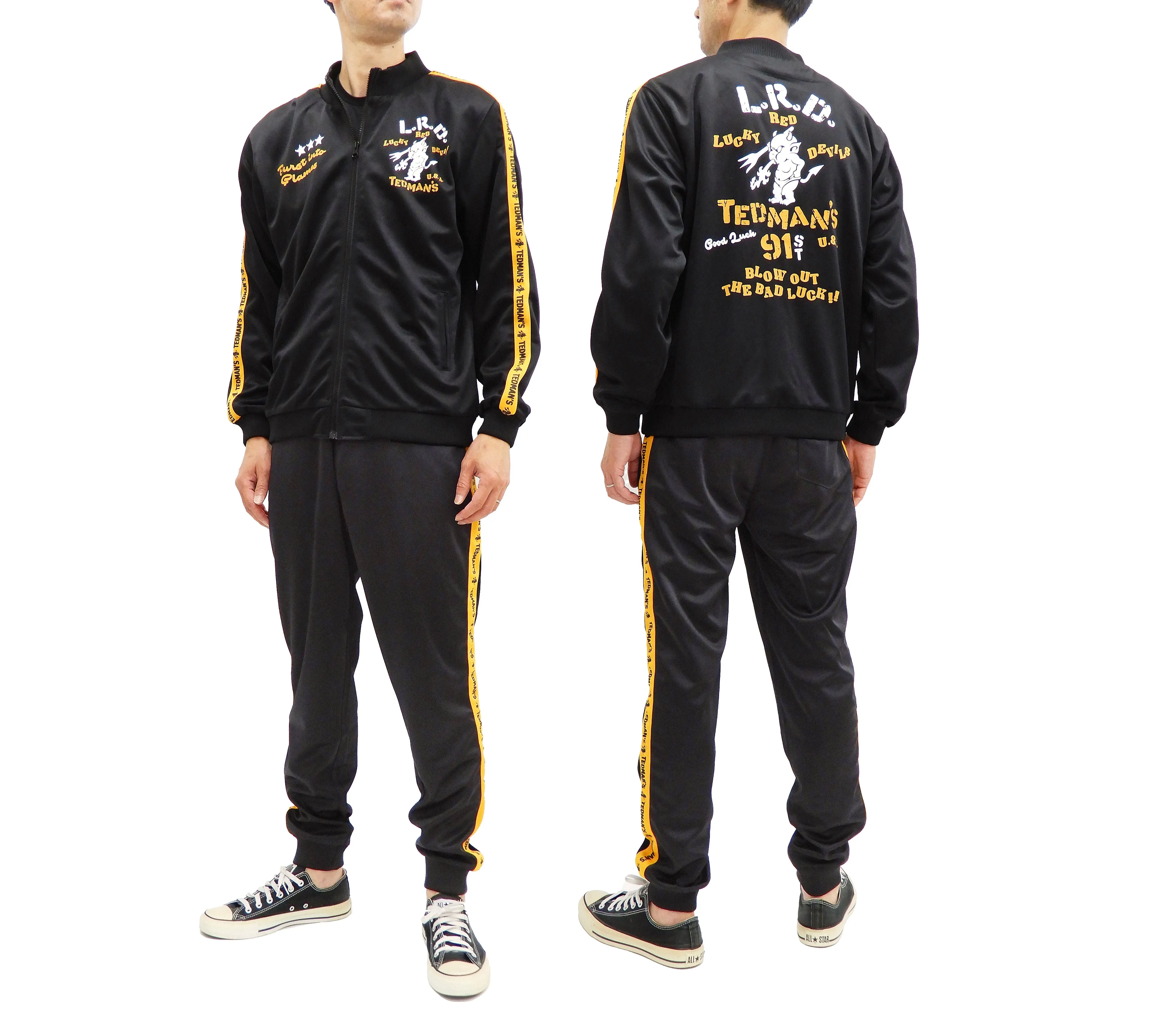 Tedman Men's Casual Tricot Tracksuit 2-piece Set with Lucky Devil Graphic TJSET-100 Black