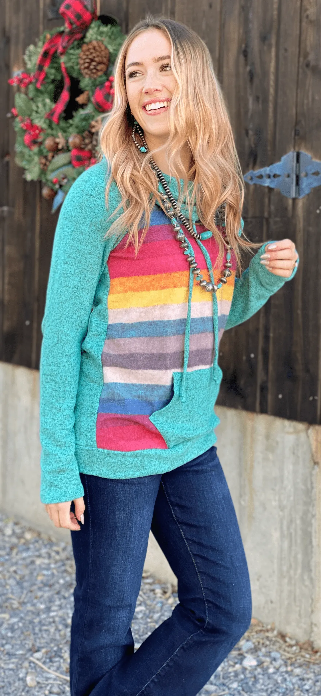 The 2.1 Turquoise Sugar Pine Stripe Cowl Neck