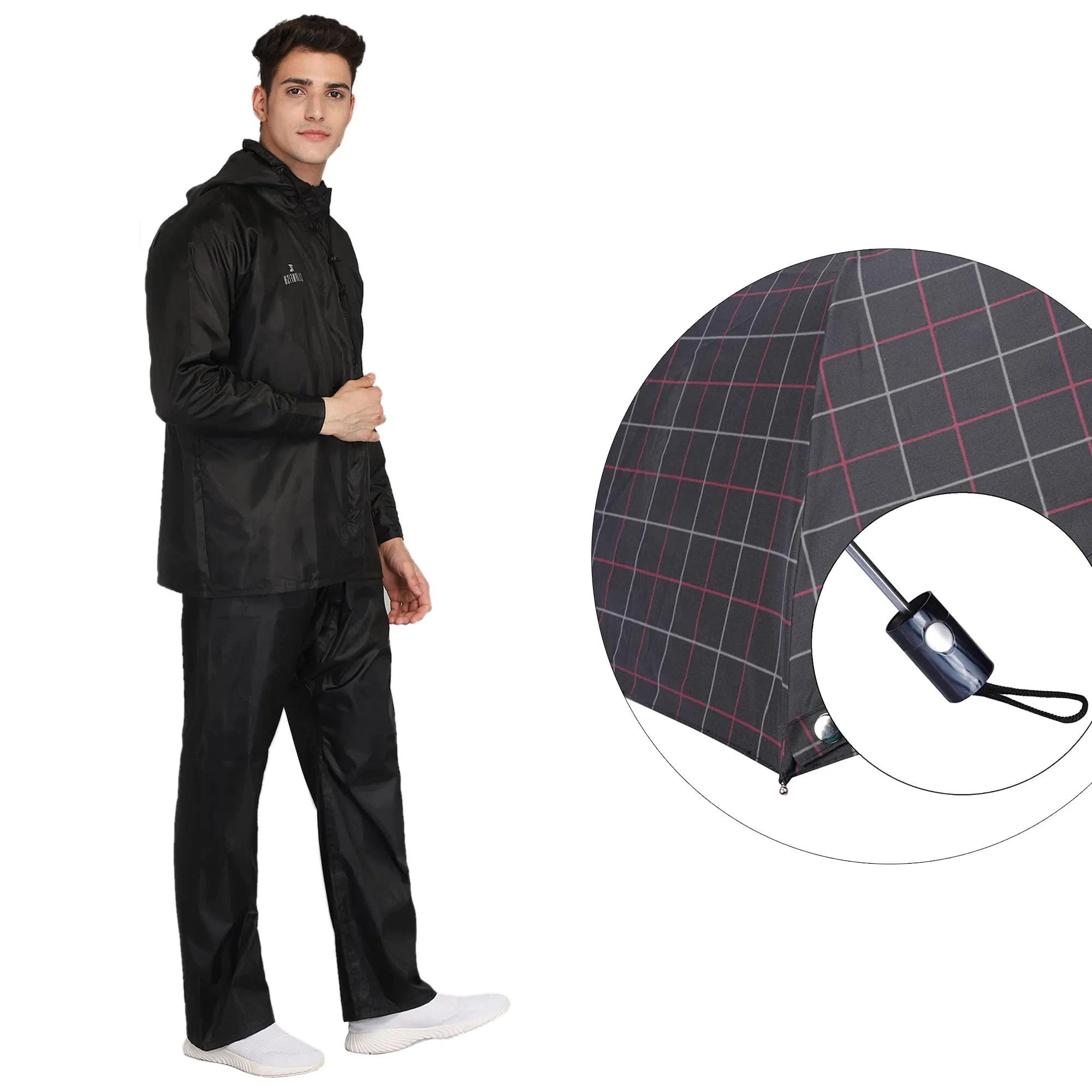 THE CLOWNFISH Combo Of Rain Coat for Men Waterproof Polyester (Black XL) Umbrella 3 Fold Waterproof Pongee (Checks Design- Dark Pink)