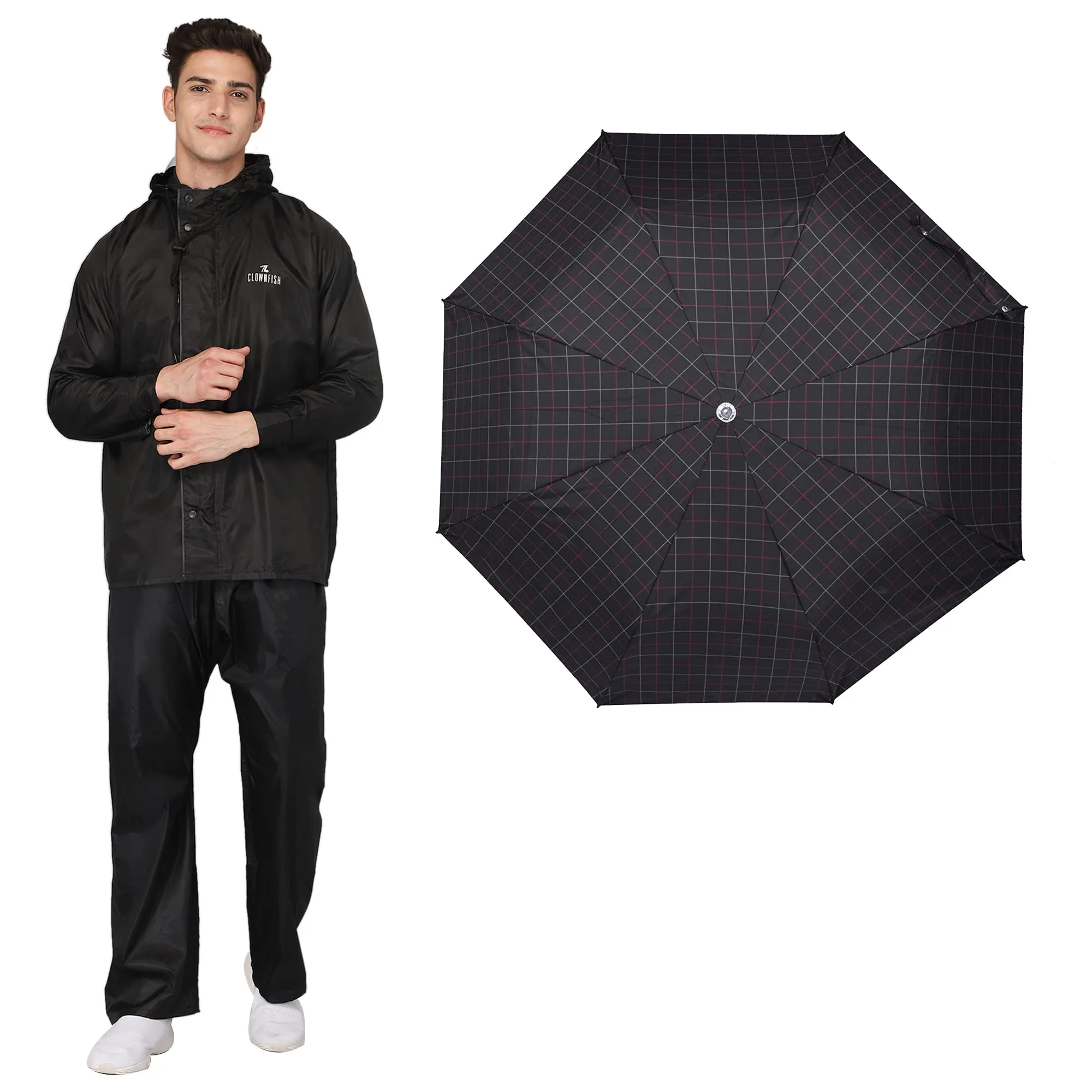 THE CLOWNFISH Combo Of Rain Coat for Men Waterproof Polyester (Black XL) Umbrella 3 Fold Waterproof Pongee (Checks Design- Dark Pink)