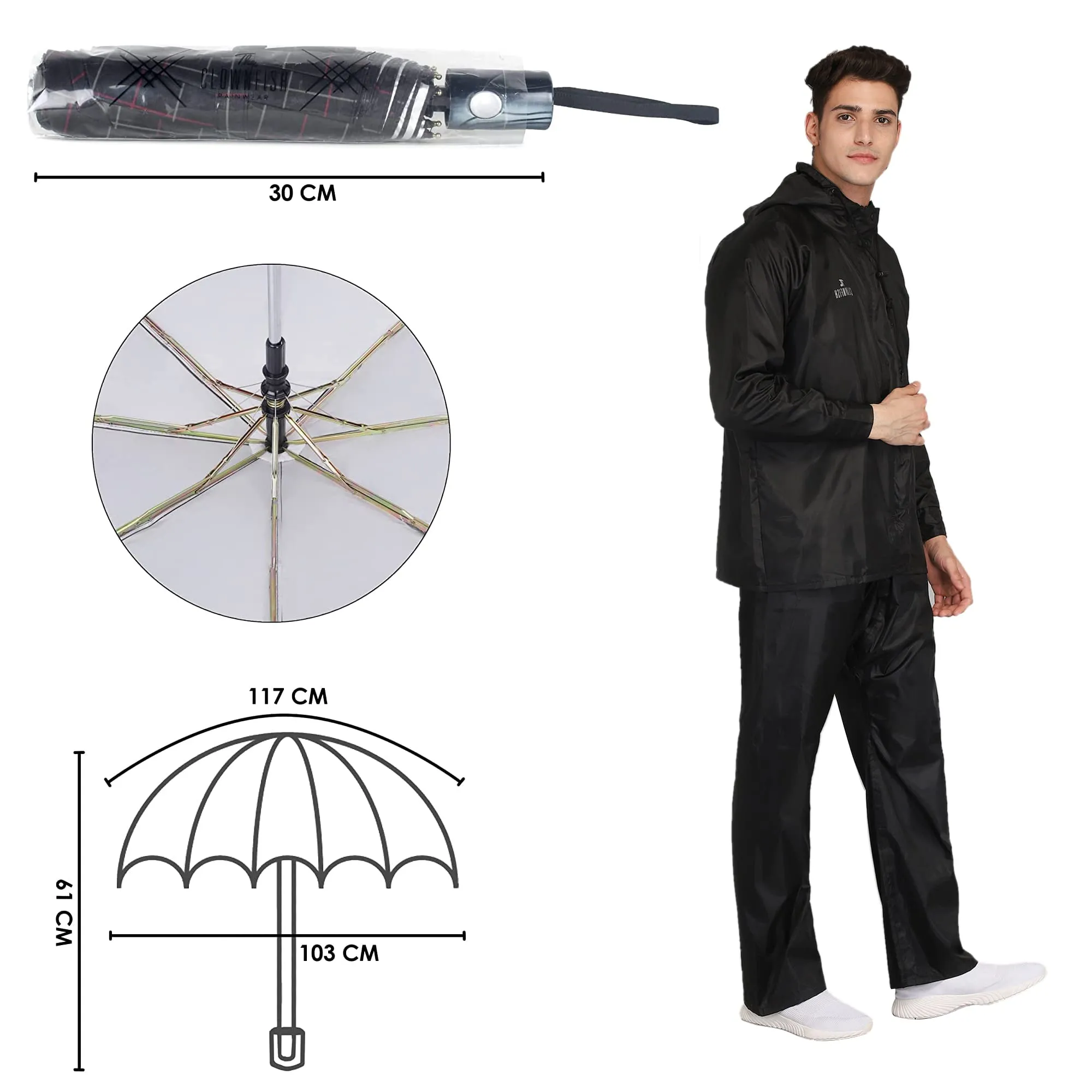 THE CLOWNFISH Combo Of Rain Coat for Men Waterproof Polyester (Black XL) Umbrella 3 Fold Waterproof Pongee (Checks Design- Dark Pink)