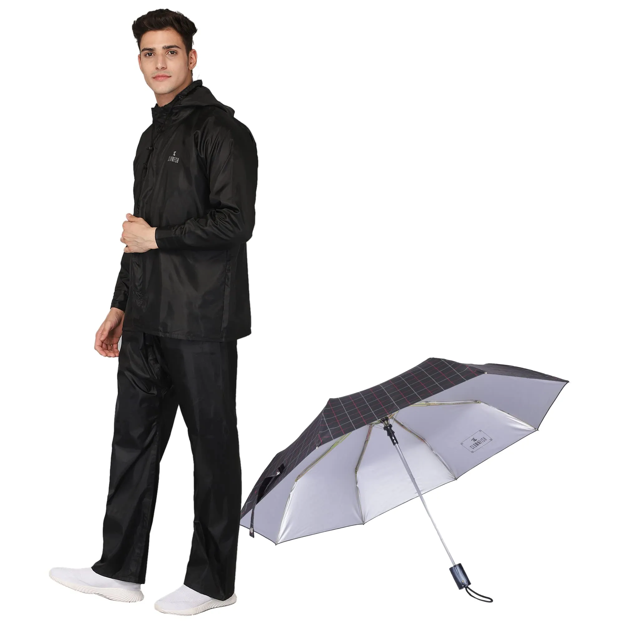 THE CLOWNFISH Combo Of Rain Coat for Men Waterproof Polyester (Black XL) Umbrella 3 Fold Waterproof Pongee (Checks Design- Dark Pink)