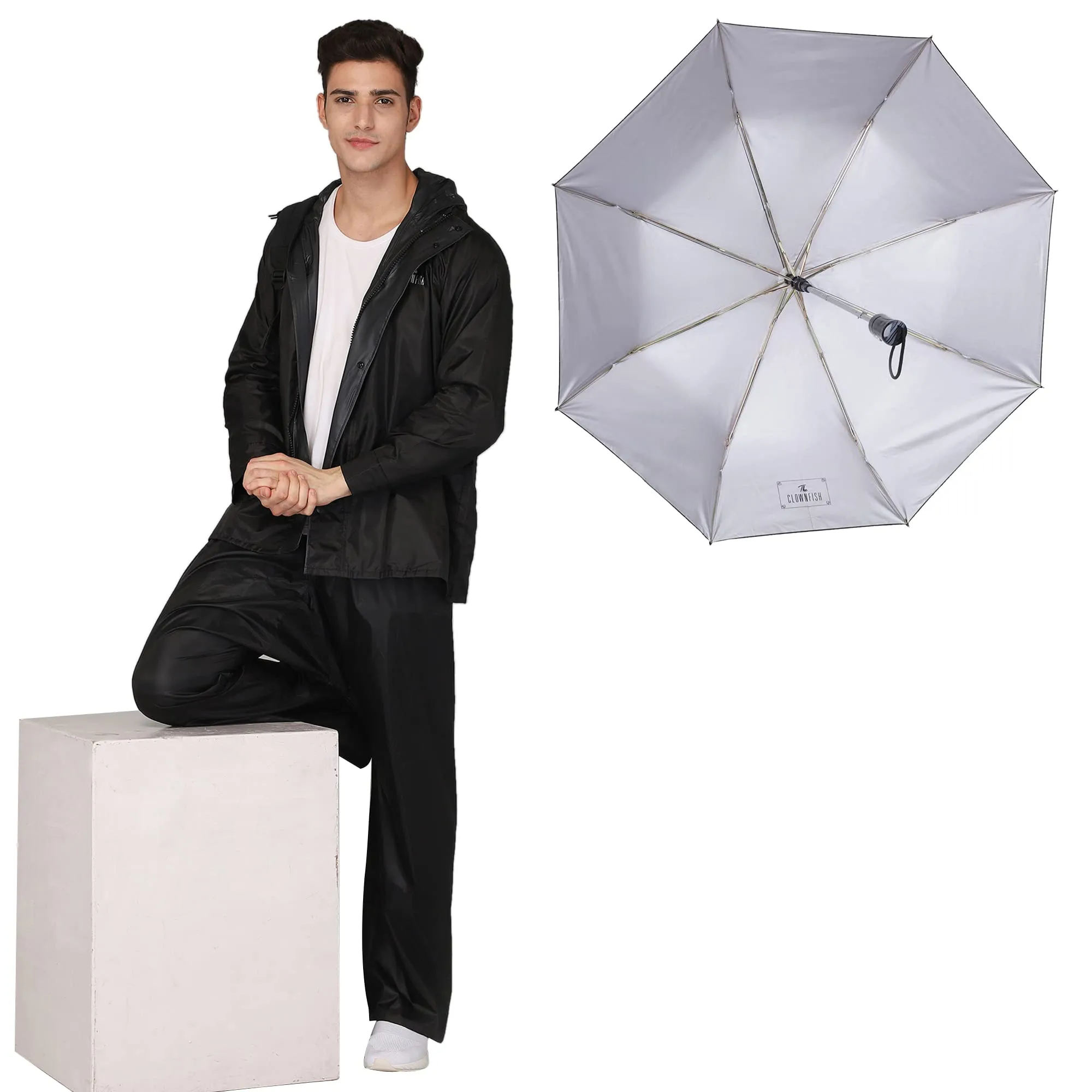 THE CLOWNFISH Combo Of Rain Coat for Men Waterproof Polyester (Black XL) Umbrella 3 Fold Waterproof Pongee (Checks Design- Dark Pink)