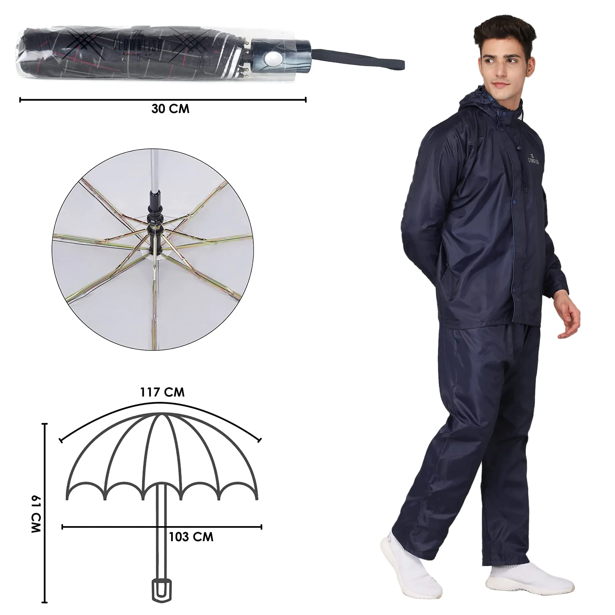 THE CLOWNFISH Combo Of Rain Coat for Men Waterproof Polyester (Blue 2XL) Umbrella 3 Fold Waterproof Pongee (Checks Design- Dark Pink)