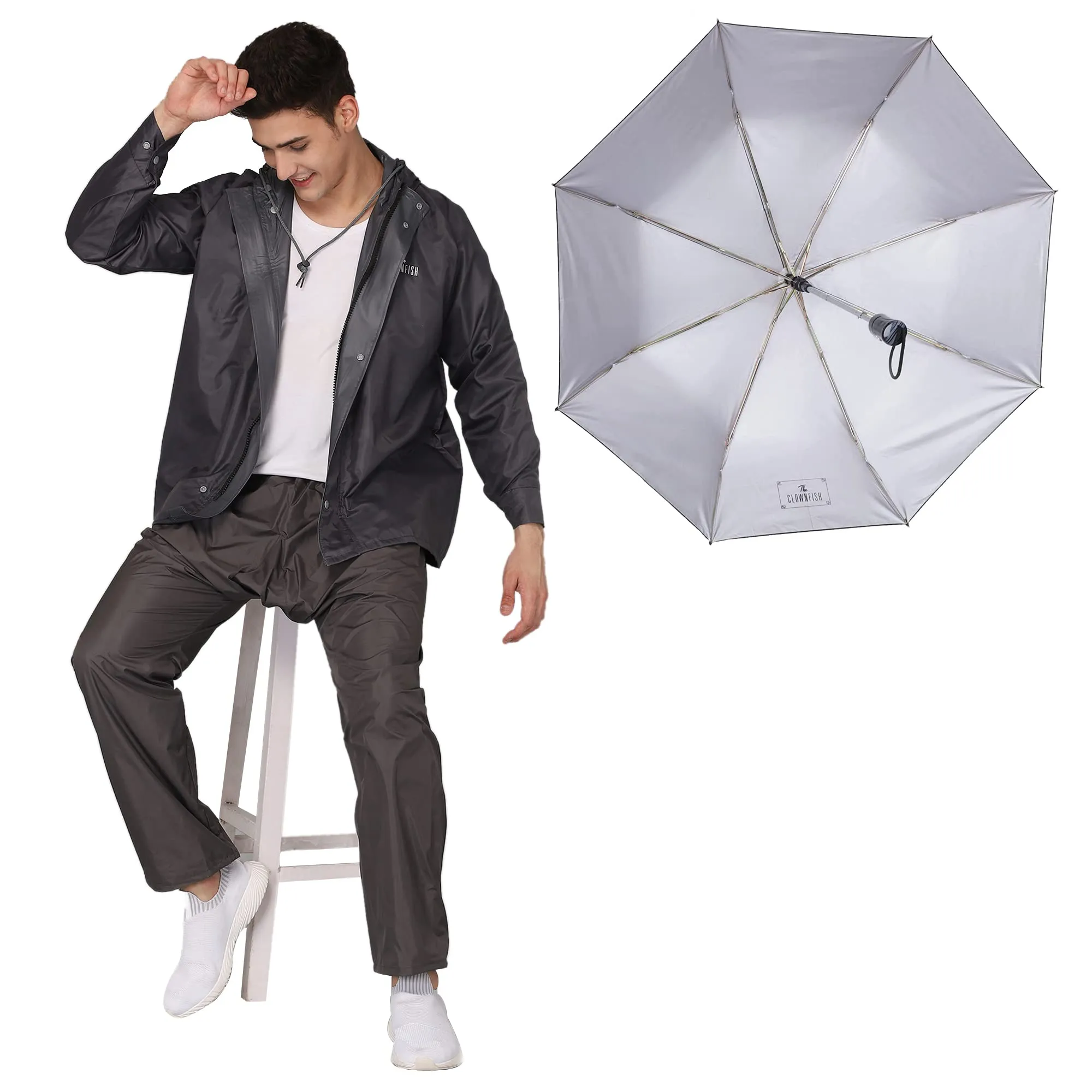 THE CLOWNFISH Combo Of Rain Coat for Men Waterproof Polyester (Grey XL) Umbrella 3 Fold Waterproof Pongee (Checks Design- Dark Pink)