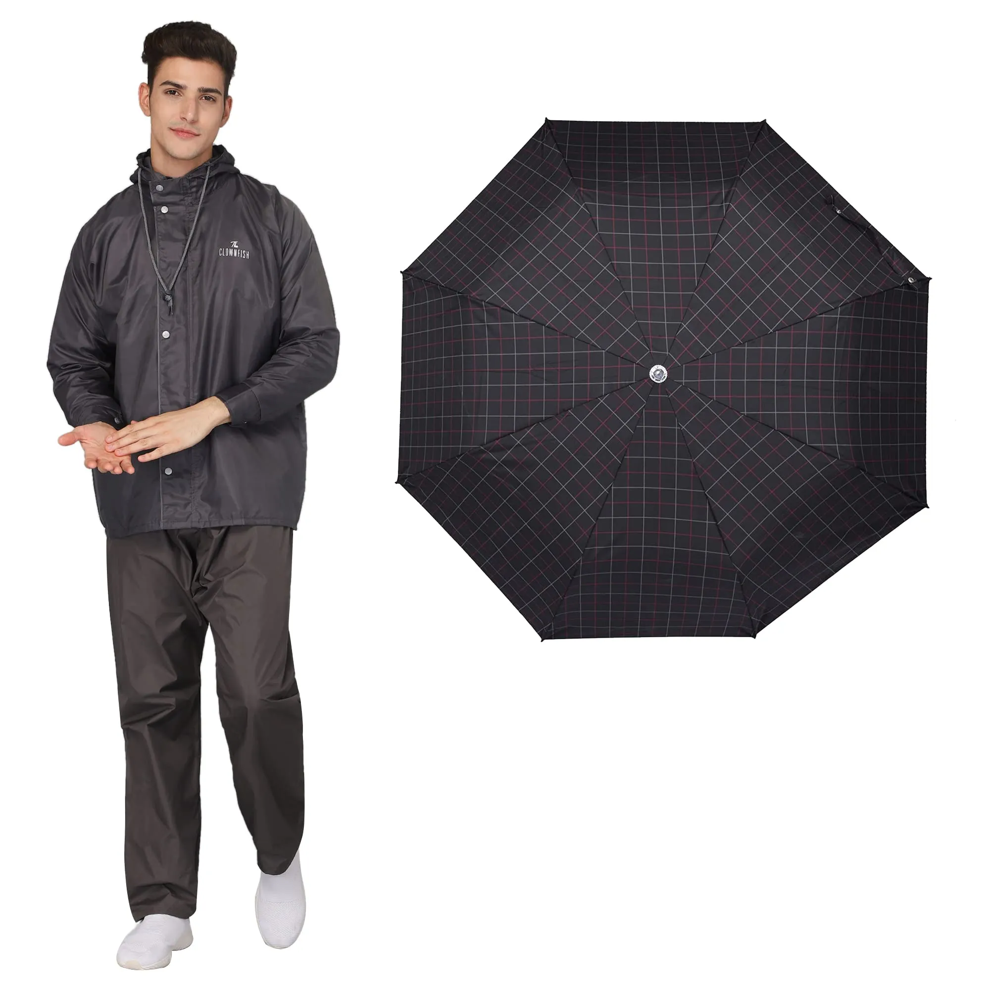 THE CLOWNFISH Combo Of Rain Coat for Men Waterproof Polyester (Grey XL) Umbrella 3 Fold Waterproof Pongee (Checks Design- Dark Pink)