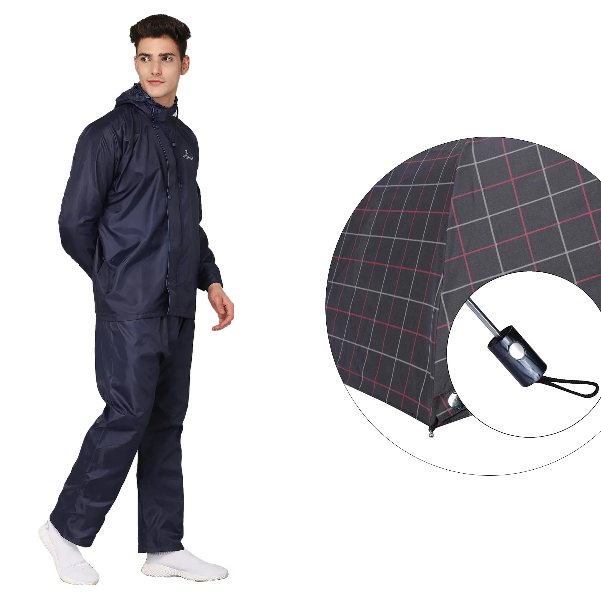 THE CLOWNFISH Polyester Combo Of Standard Length Rain Coat For Men Waterproof Polyester (Blue Xl) Umbrella 3 Fold Waterproof Pongee (Checks Design- Dark Pink)