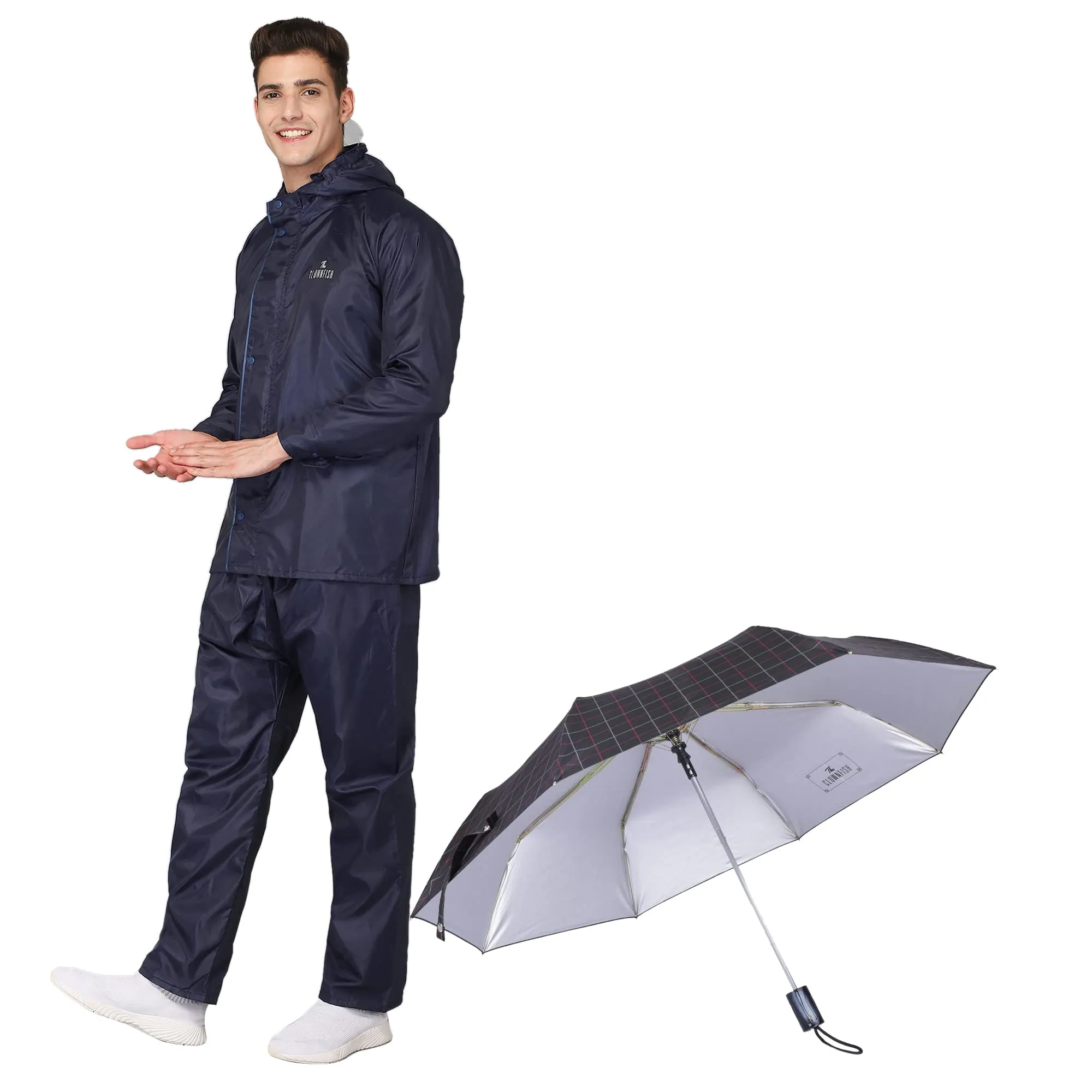 THE CLOWNFISH Polyester Combo Of Standard Length Rain Coat For Men Waterproof Polyester (Blue Xl) Umbrella 3 Fold Waterproof Pongee (Checks Design- Dark Pink)