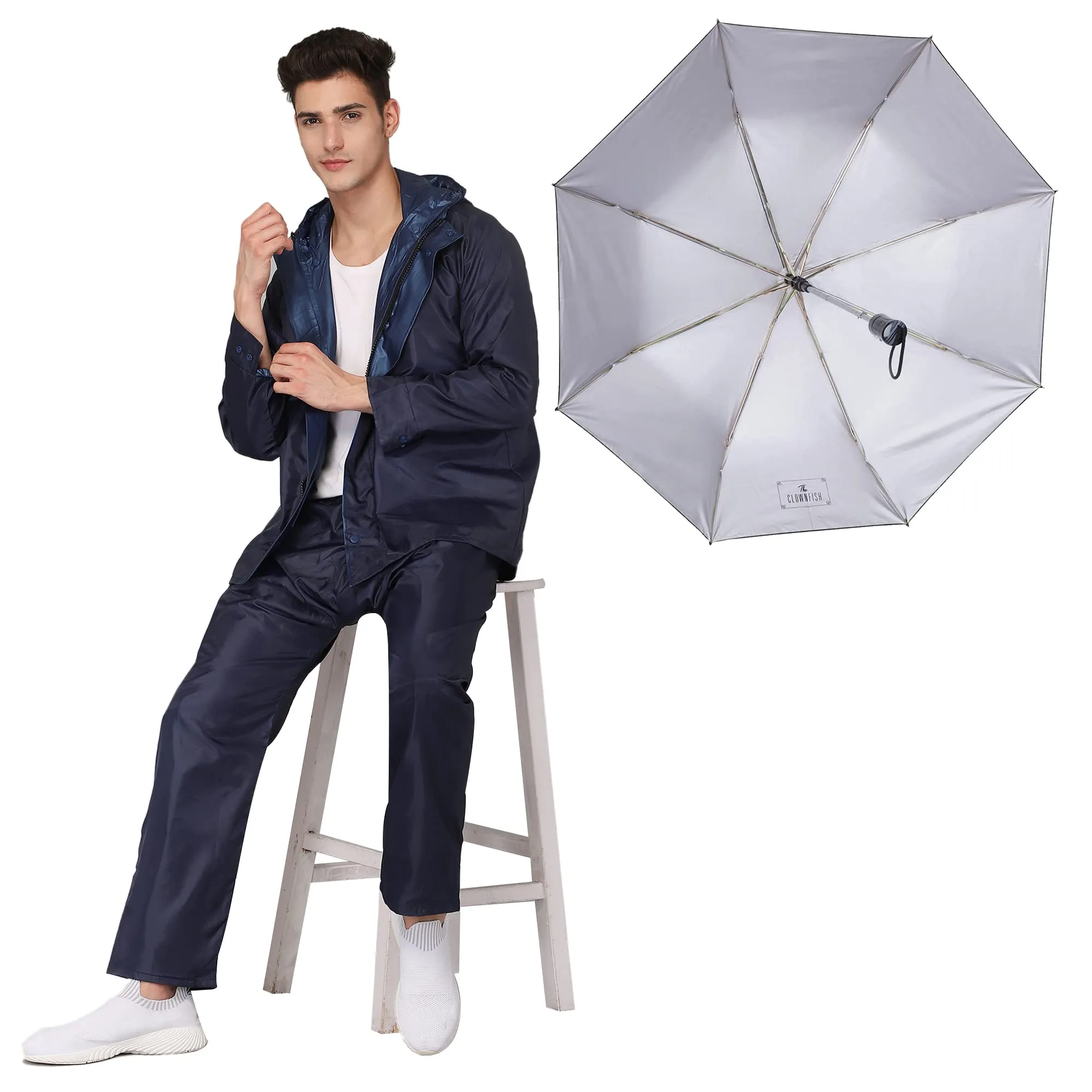 THE CLOWNFISH Polyester Combo Of Standard Length Rain Coat For Men Waterproof Polyester (Blue Xl) Umbrella 3 Fold Waterproof Pongee (Checks Design- Dark Pink)