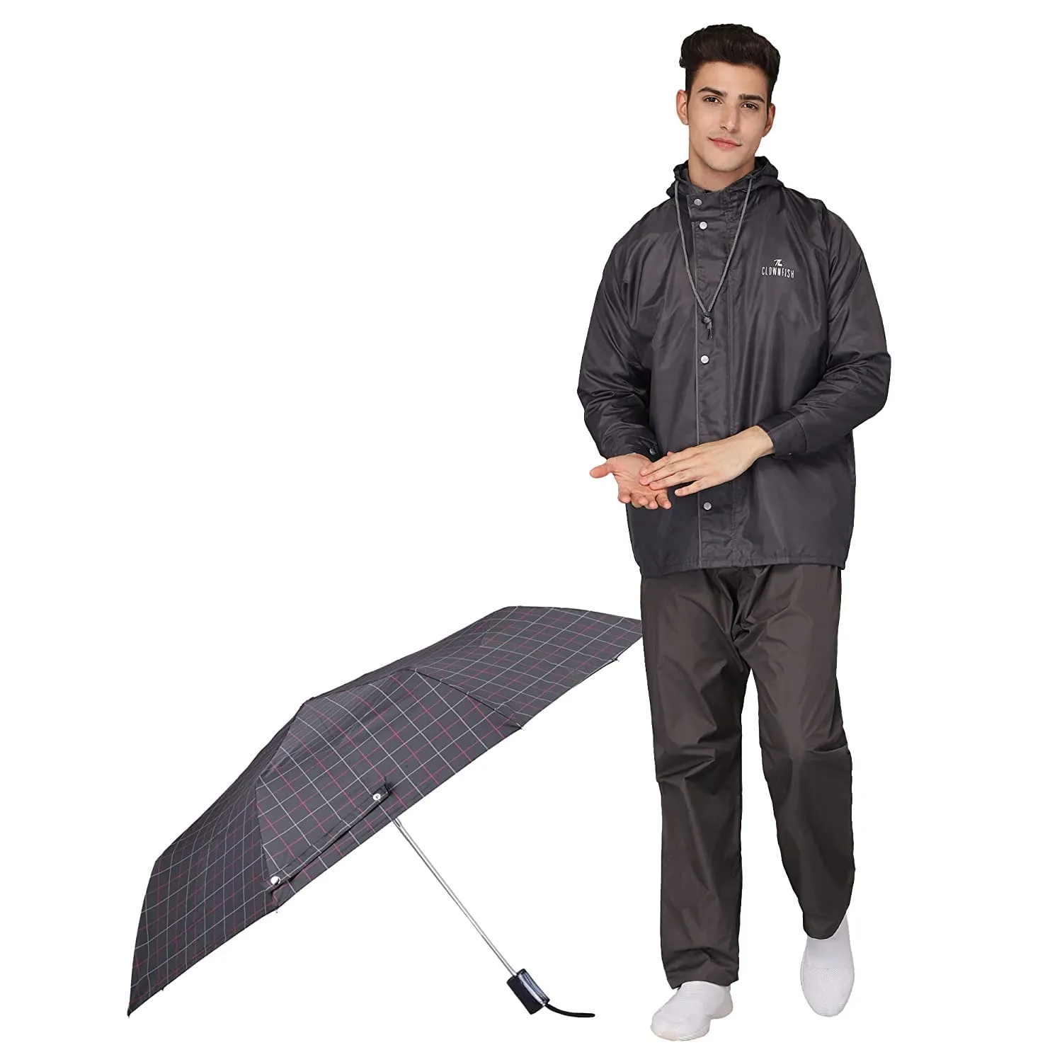 THE CLOWNFISH Polyester Combo Of Standard Length Rain Coat For Men Waterproof Polyester (Grey 2Xl) Umbrella 3 Fold Waterproof Pongee (Checks Design- Dark Pink)