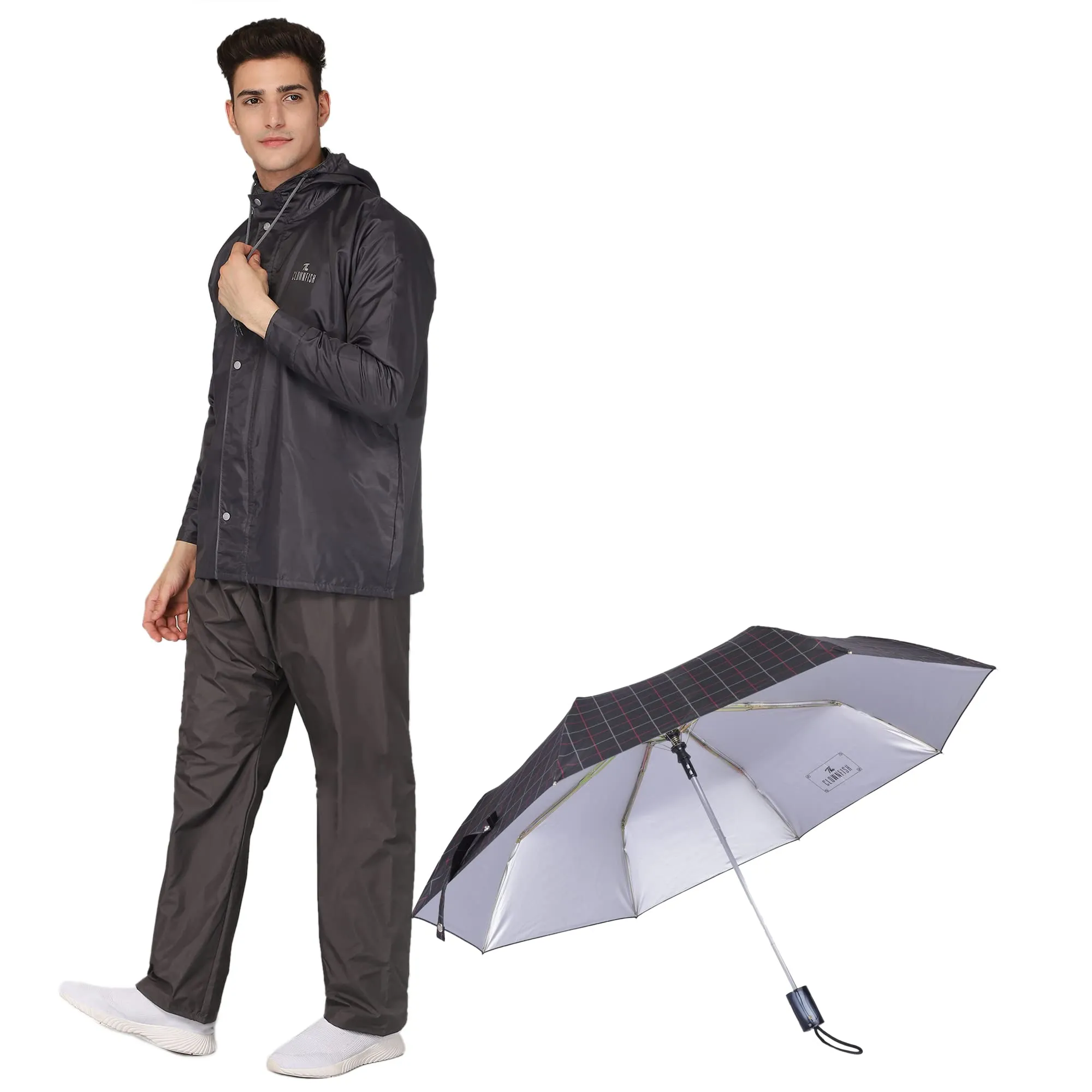 THE CLOWNFISH Polyester Combo Of Standard Length Rain Coat For Men Waterproof Polyester (Grey 2Xl) Umbrella 3 Fold Waterproof Pongee (Checks Design- Dark Pink)