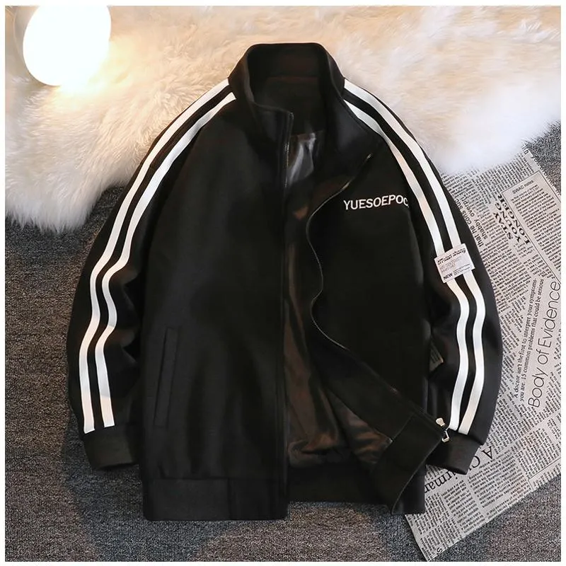 Two Stripes Letter Embroidery Trendy Loose Fit Track Jacket