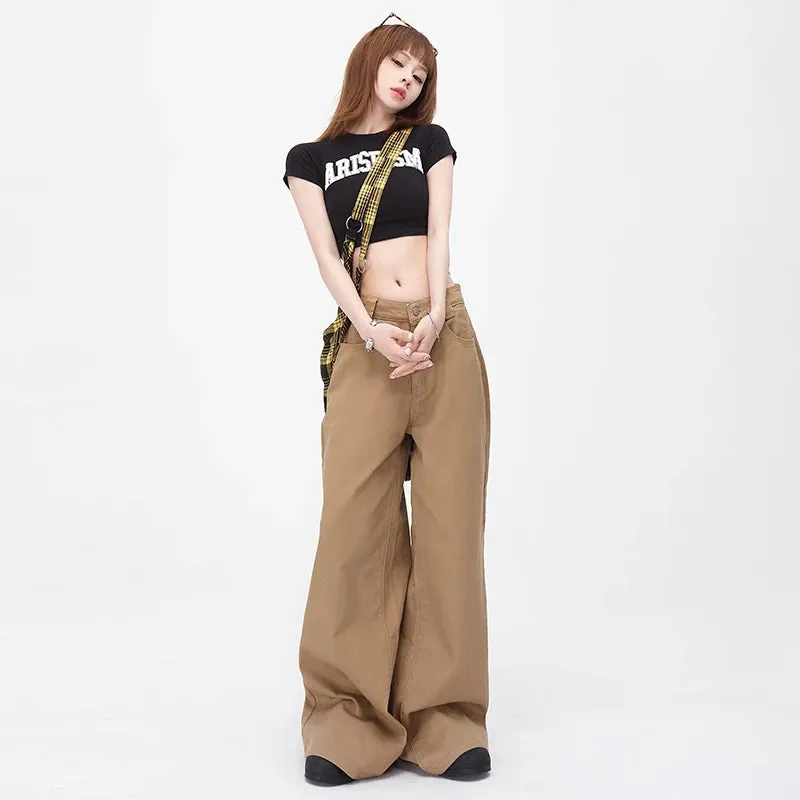 Vintage Brown Loose Wide Leg Mid-waist Flared Women Elegant Chic Jeans