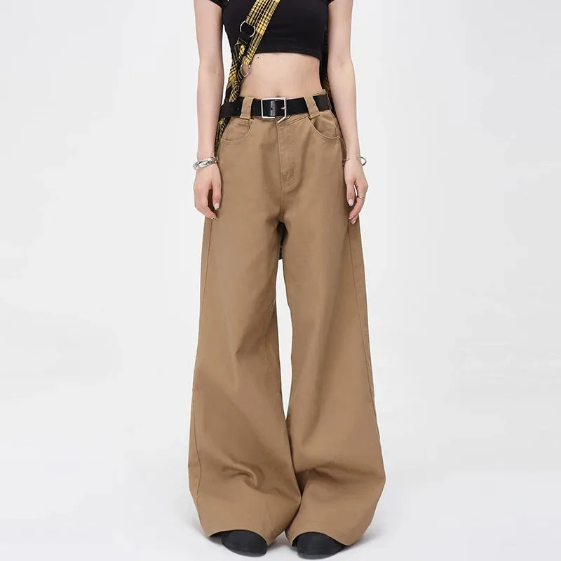 Vintage Brown Loose Wide Leg Mid-waist Flared Women Elegant Chic Jeans