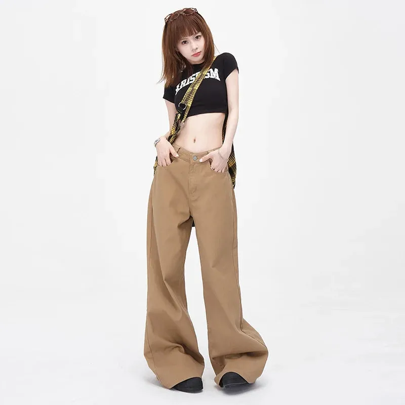 Vintage Brown Loose Wide Leg Mid-waist Flared Women Elegant Chic Jeans