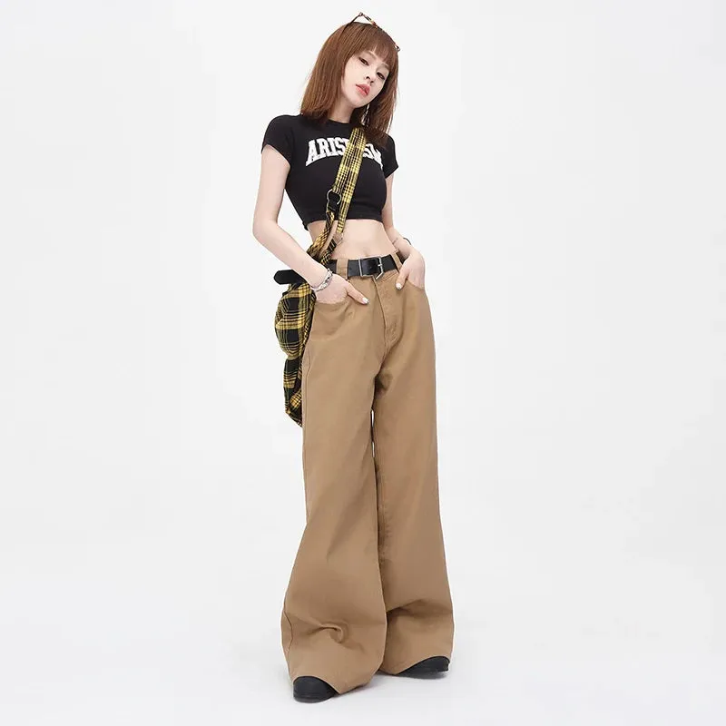 Vintage Brown Loose Wide Leg Mid-waist Flared Women Elegant Chic Jeans