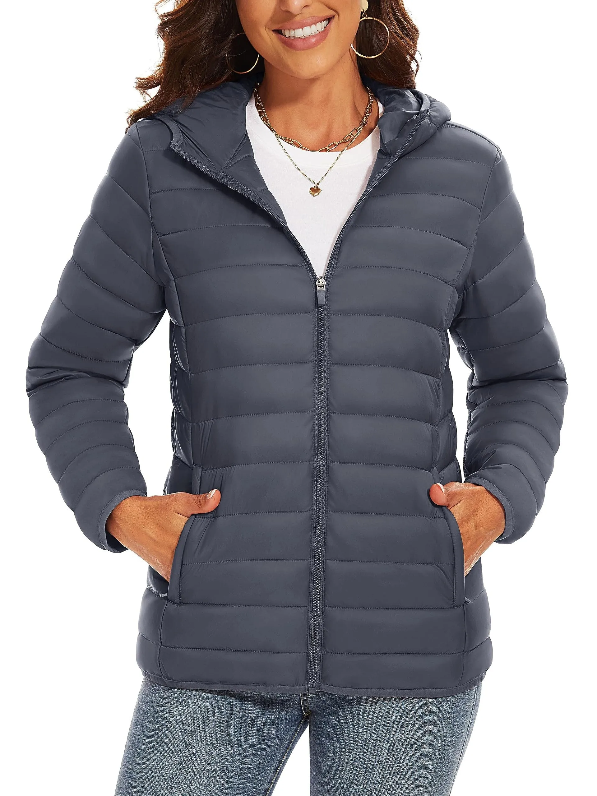 Water Resistant Quilted Hooded Puffer Jacket - Women's Lightweight Windproof Winter Coat for Hiking Camping Outdoor - 4 Pockets Casual Solid Warm Fall Tops with Zip-up Design and Padded Insulation