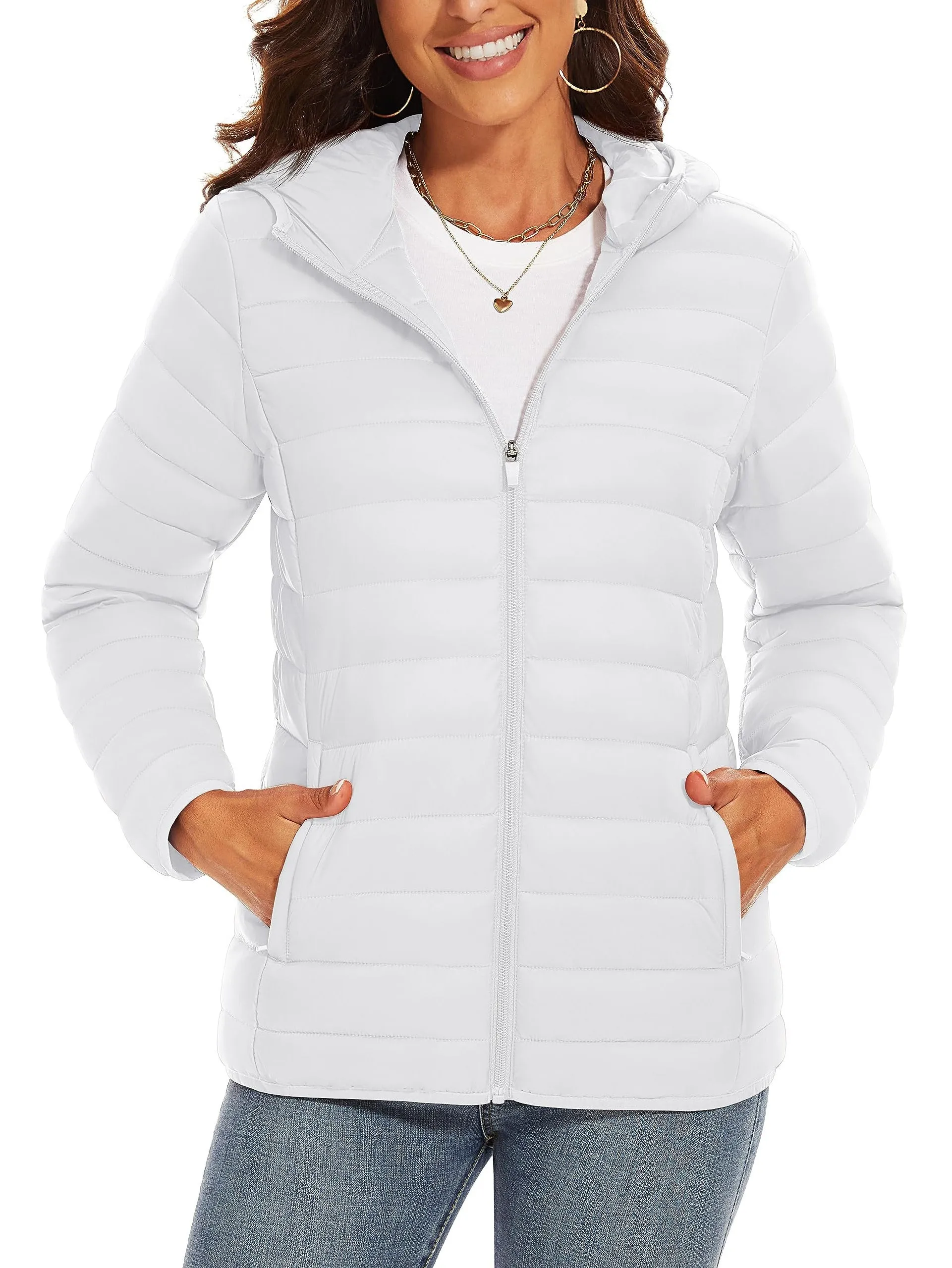 Water Resistant Quilted Hooded Puffer Jacket - Women's Lightweight Windproof Winter Coat for Hiking Camping Outdoor - 4 Pockets Casual Solid Warm Fall Tops with Zip-up Design and Padded Insulation