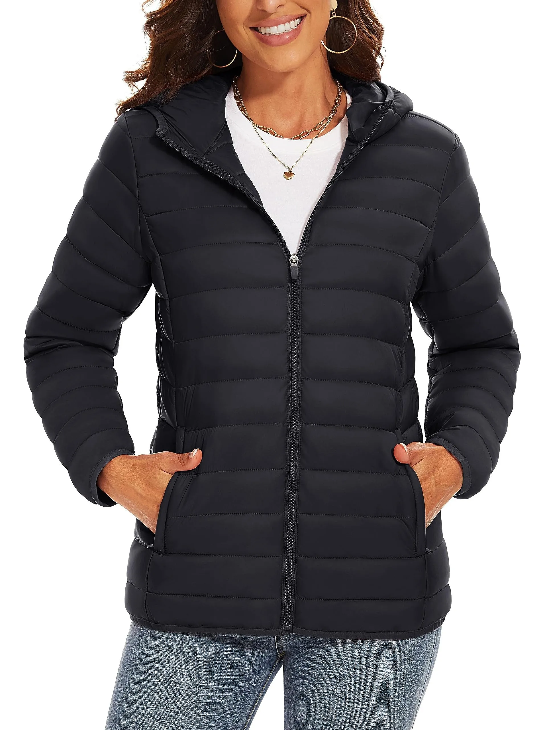 Water Resistant Quilted Hooded Puffer Jacket - Women's Lightweight Windproof Winter Coat for Hiking Camping Outdoor - 4 Pockets Casual Solid Warm Fall Tops with Zip-up Design and Padded Insulation