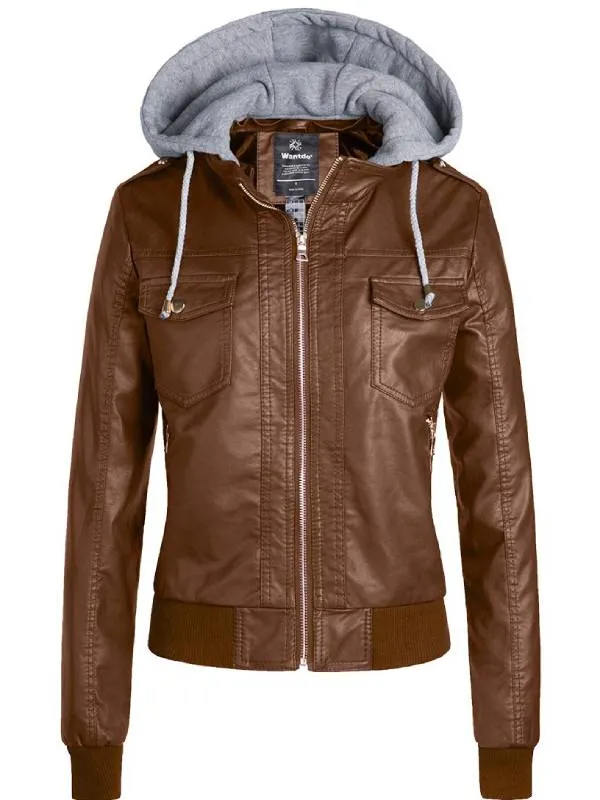 Women's Hooded Faux Leather Jacket Moto Biker Jacket WD