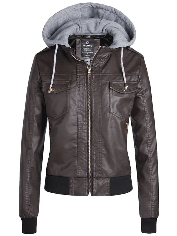 Women's Hooded Faux Leather Jacket Moto Biker Jacket