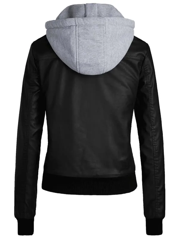 Women's Hooded Faux Leather Jacket Moto Biker Jacket