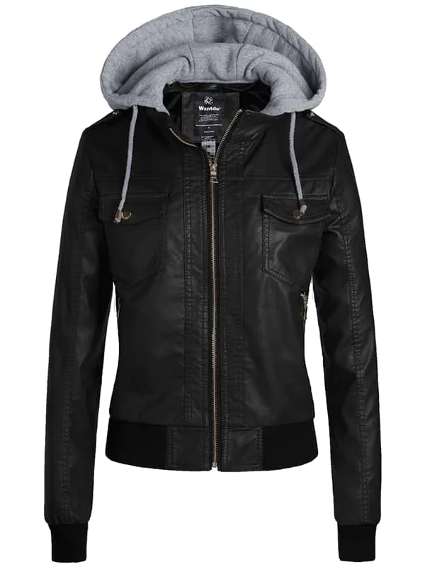 Women's Hooded Faux Leather Jacket Moto Biker Jacket