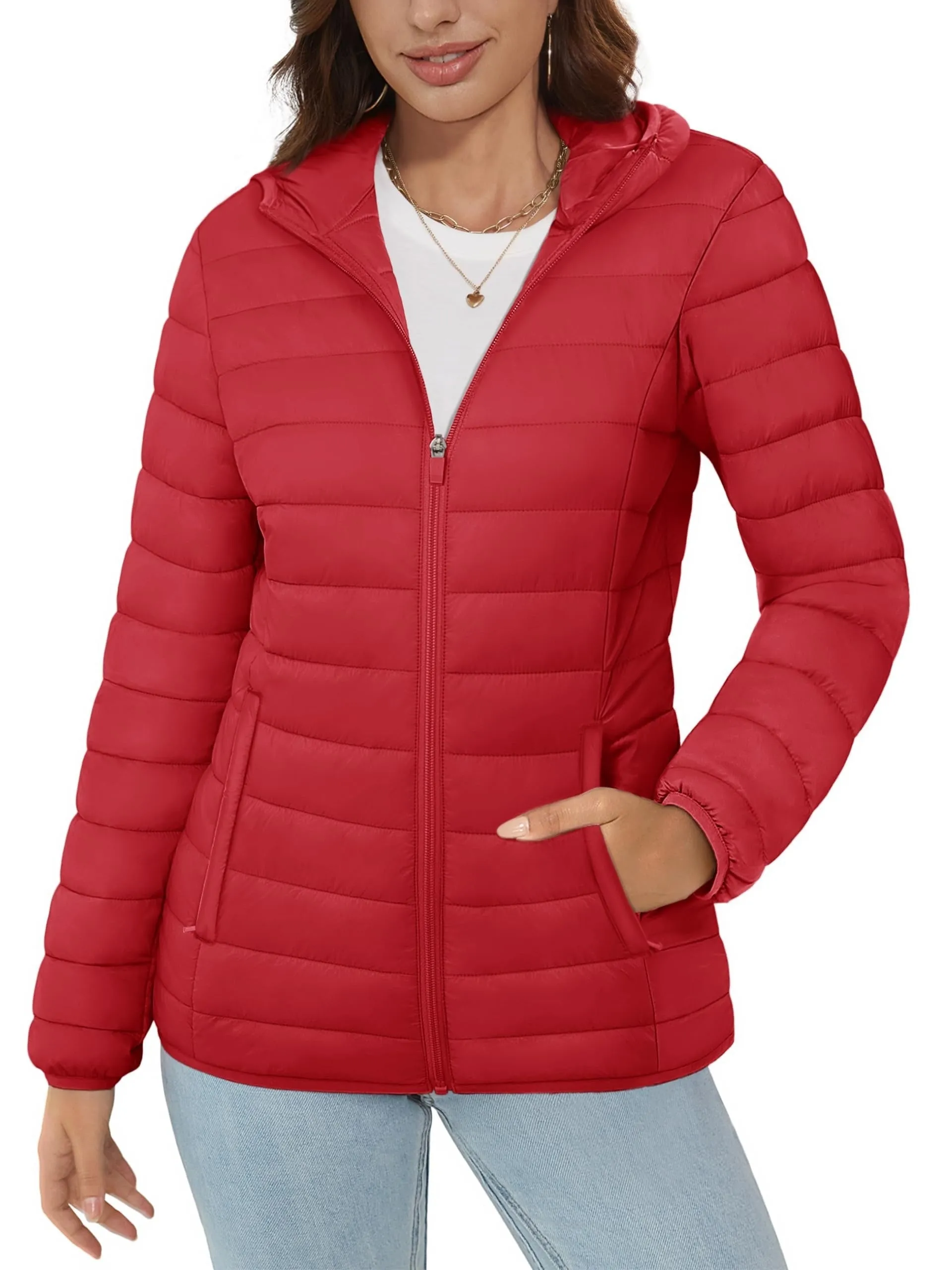 Women's Hooded Puffer Jacket - Water Resistant, Quilted, Padded, Lightweight, Zip-up, 4 Pockets, Casual, Solid, Warm, Fall, Windproof, Hiking, Outdoor, Fishing, Winter Camping Outerwear