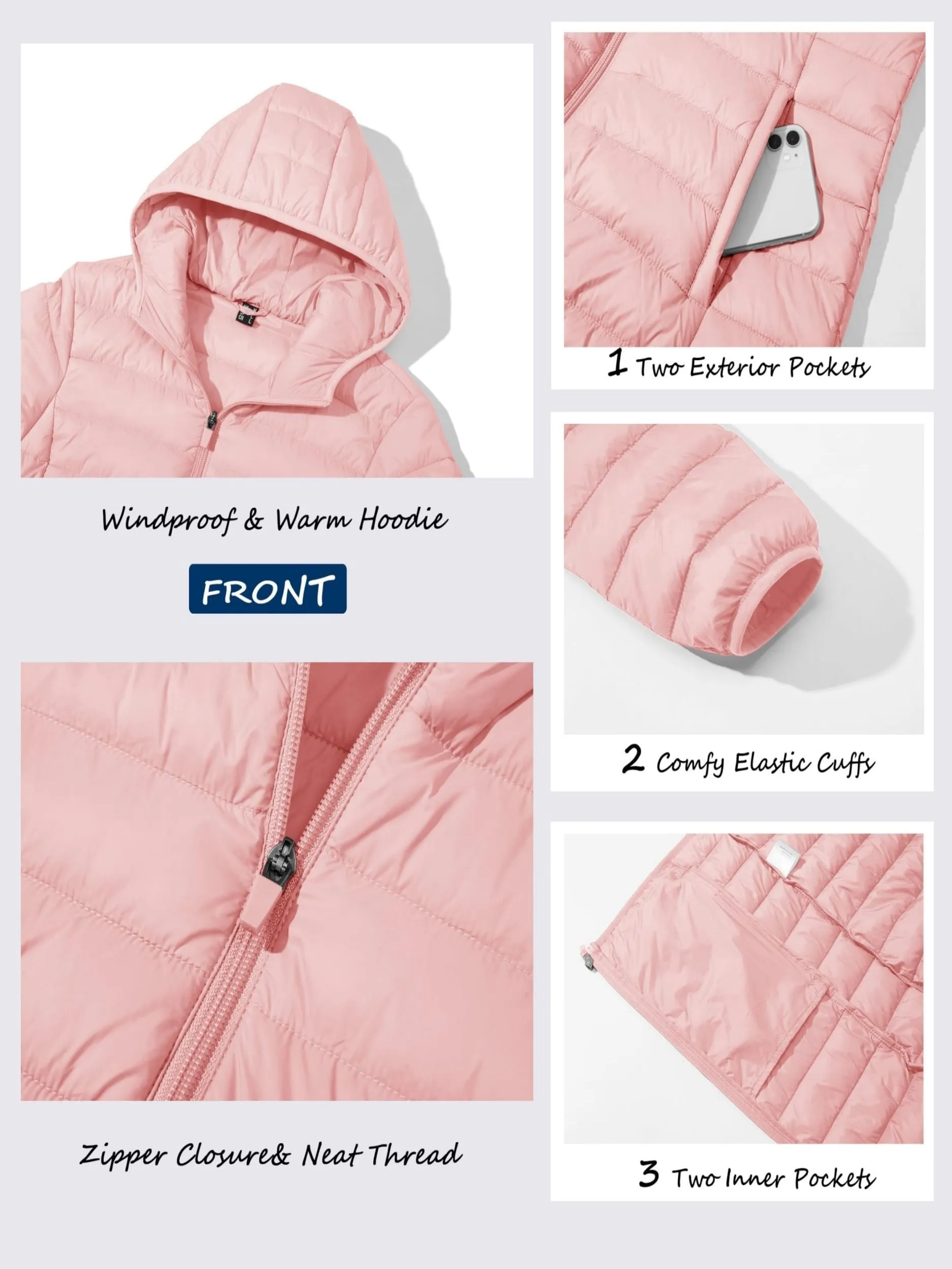 Women's Hooded Puffer Jacket - Water Resistant, Quilted, Padded, Lightweight, Zip-up, 4 Pockets, Casual, Solid, Warm, Fall, Windproof, Hiking, Outdoor, Fishing, Winter Camping Outerwear